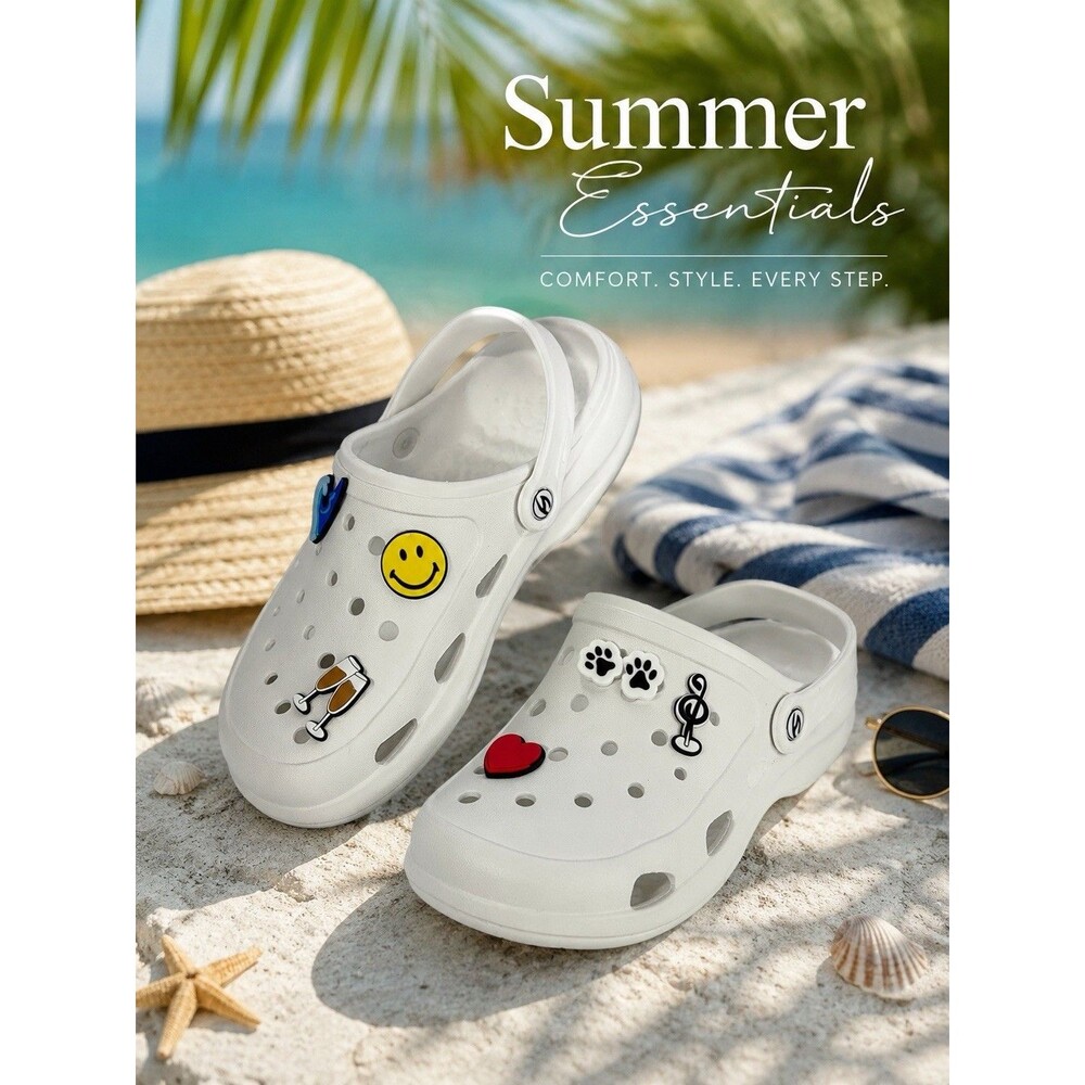 Women’s White Foam Clogs Slip On Comfort Garden Beach Shoes + 6 Charms New